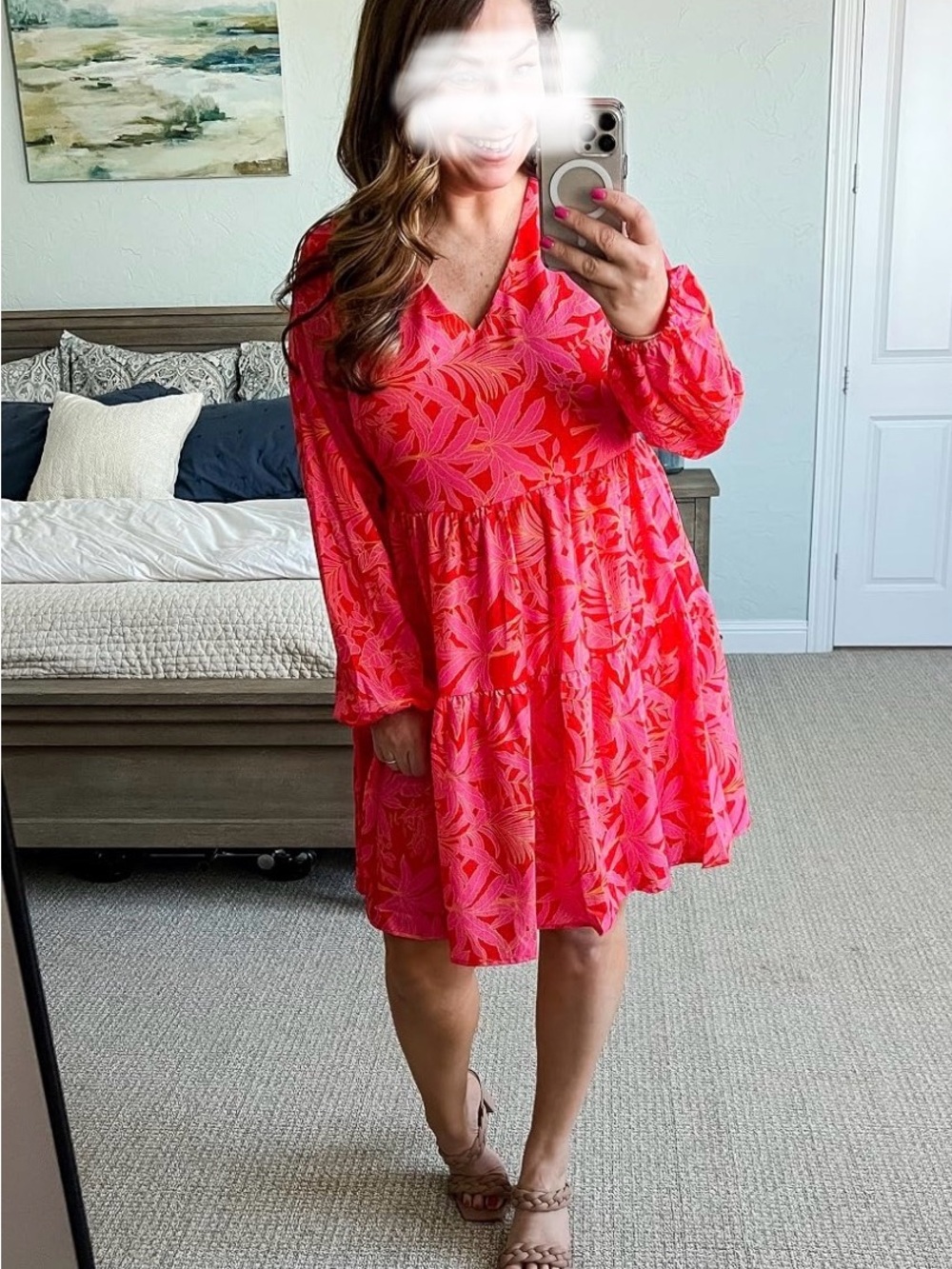Fancyinn Bright Pink Tropical Print V-Neck Tiered Dress
